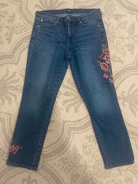 GAP Dark Blue Straight Leg Jeans with Pink Floral Embroidery